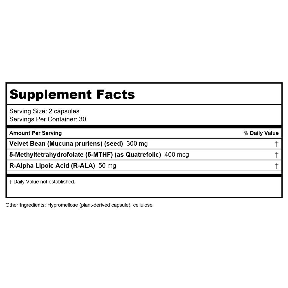 Nutra BioGenesis - Dopa Factors - Velvet Bean, 5-MTHF and R-ALA to Support Healthy Stress Response and Neurotransmitter Balance - 60 Capsules - Supplement Facts panel