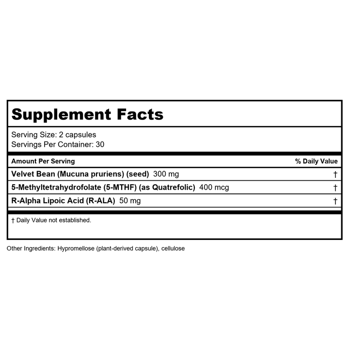 Nutra BioGenesis - Dopa Factors - Velvet Bean, 5-MTHF and R-ALA to Support Healthy Stress Response and Neurotransmitter Balance - 60 Capsules - Supplement Facts panel