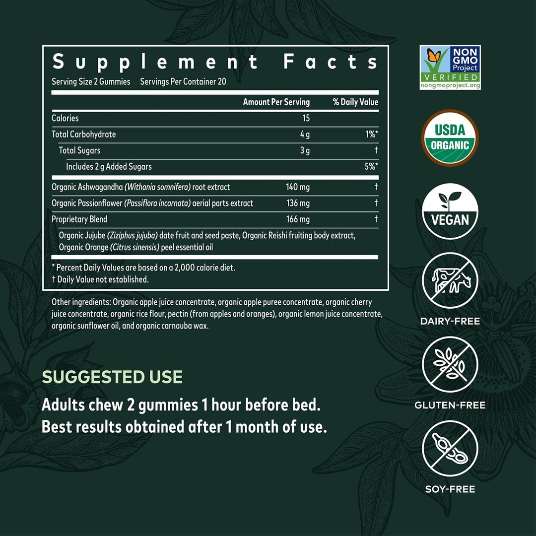 Gaia Herbs Organic Sleep Gummies, Sleep Support, Ashwagandha, Organic Reishi Mushroom, Passionflower, USDA Certified Organic, Non-GMO, Gluten Free, Vegan, 40 Count - Supplement Facts panel
