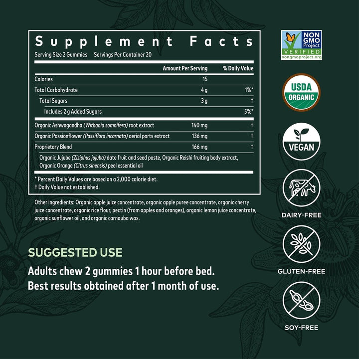 Gaia Herbs Organic Sleep Gummies, Sleep Support, Ashwagandha, Organic Reishi Mushroom, Passionflower, USDA Certified Organic, Non-GMO, Gluten Free, Vegan, 40 Count - Supplement Facts panel