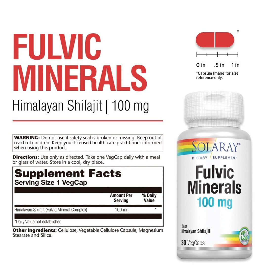 Solaray Fulvic Minerals 100 mg | Himalayan Shilajit | 30 VegCaps - Supplement Facts panel