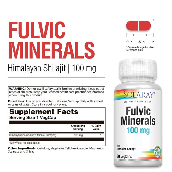 Solaray Fulvic Minerals 100 mg | Himalayan Shilajit | 30 VegCaps - Supplement Facts panel