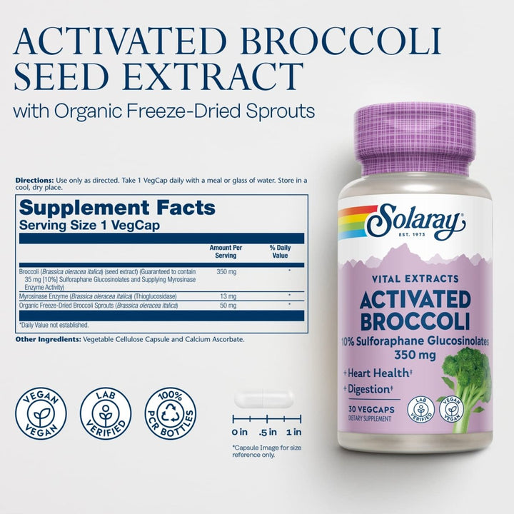 SOLARAY Activated Broccoli Seed Extract 350 mg, 10% Sulforaphane Glucosinolates for Antioxidant Support, Heart Health and Digestive Support, Vegan and Lab Verified, 30 Servings, 30 VegCaps - Supplement Facts panel