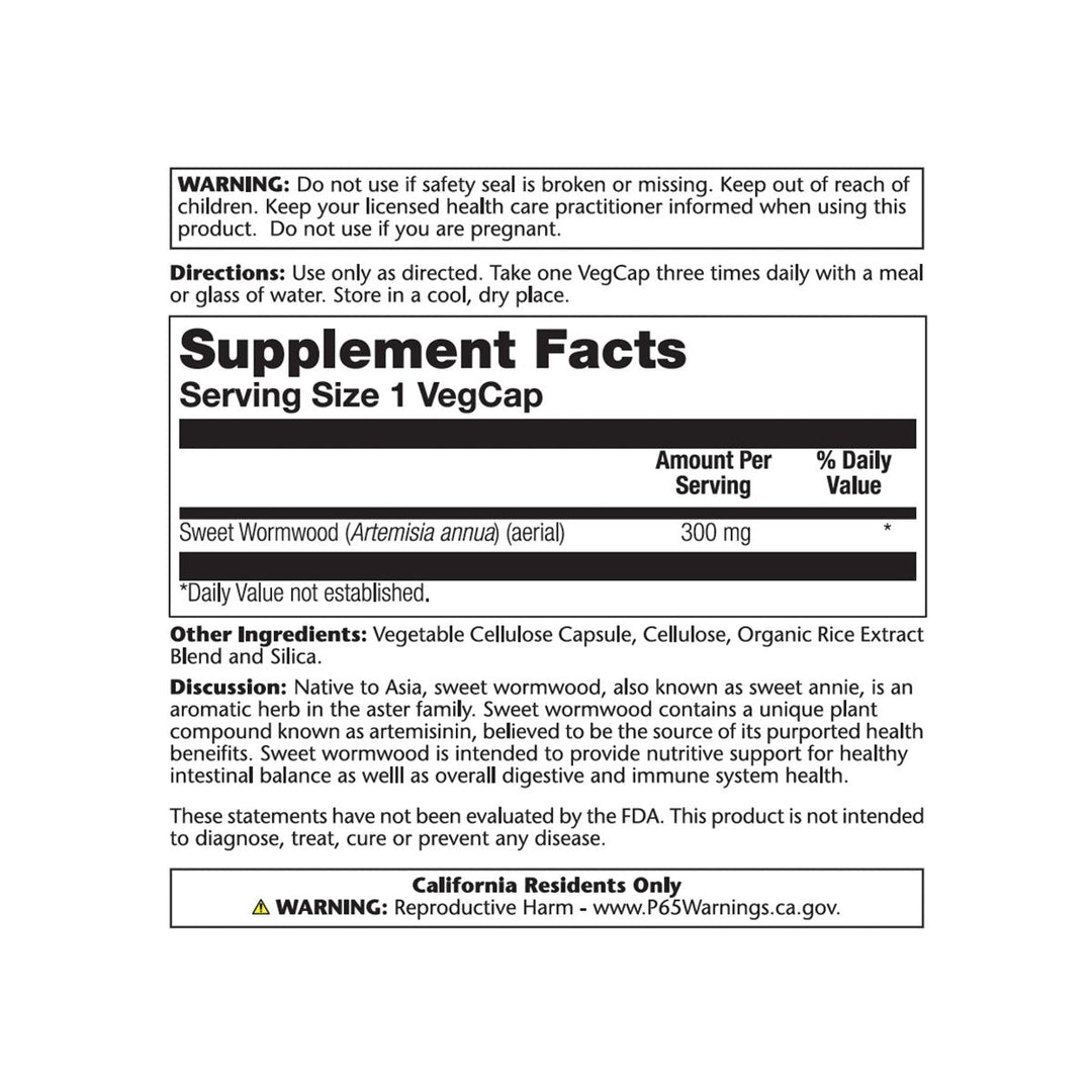Solaray Sweet Wormwood Aerial, Veg Cap (Btl-Plastic) 300mg 100ct - Supplement Facts panel