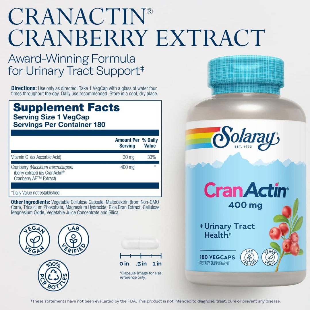 Solaray Cranactin Cranberry AF Extract Capsules, 400 mg, 180 Count - Supplement Facts panel