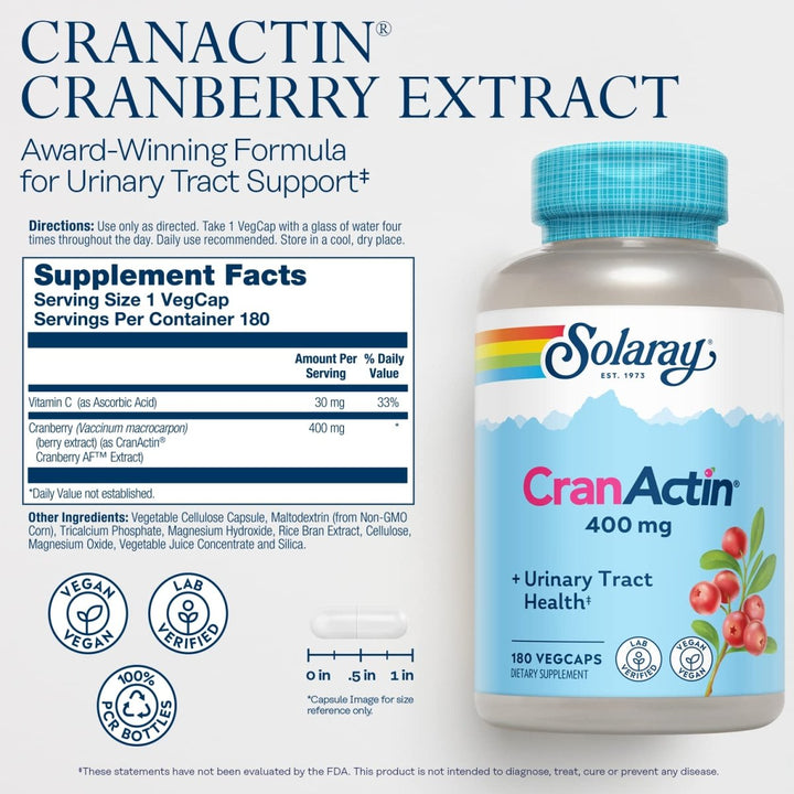 Solaray Cranactin Cranberry AF Extract Capsules, 400 mg, 180 Count - Supplement Facts panel