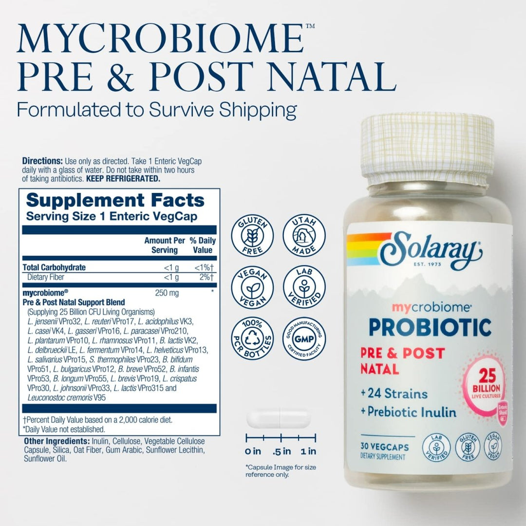 SOLARAY Mycrobiome Probiotic Pre and Post Natal Formula, Prenatal Probiotics for Women, Pregnancy Wellness, Lactation, Stress, Mood, and Digestive Support, 25 Billion CFU, 30 Servings, 30 VegCaps - Supplement Facts panel