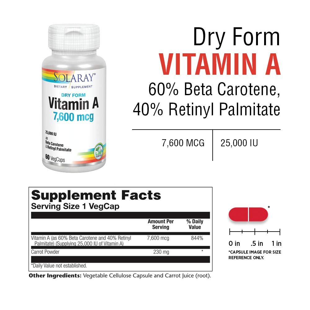 Solaray, Dry Form Vitamin A, 7,500 mcg, 60 VegCaps - Supplement Facts panel