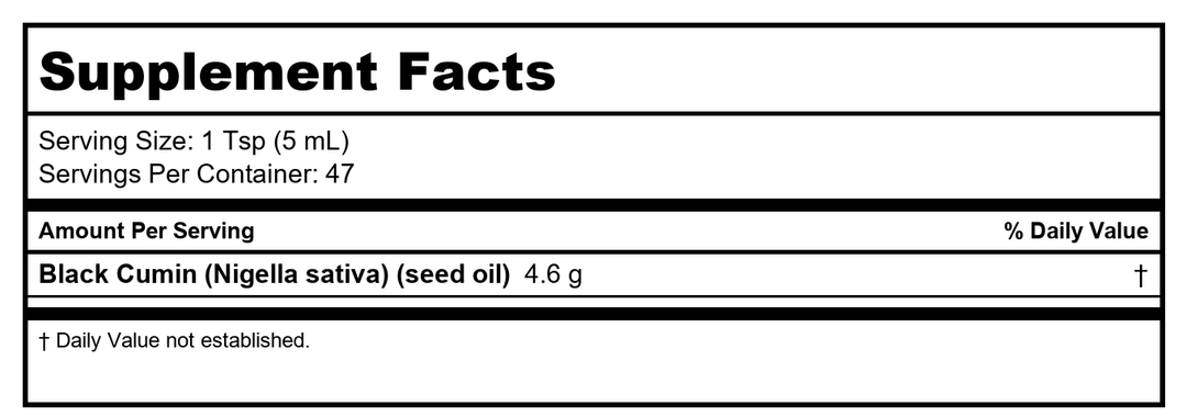 Nutra BioGenesis - Black Seed Oil - Black Cumin Seed Extract - Vegan, Gluten Free, Non-GMO - 8 Fluid Ounces - Supplement Facts panel