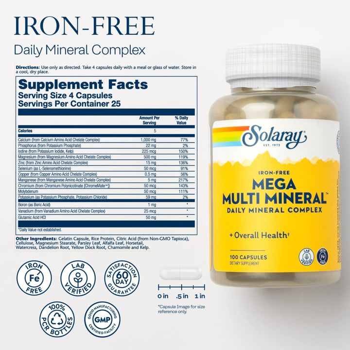 Solaray Mega Multi Mineral No Iron, Vitamin Capsules (076280045147) (100 Capsules, 25 Servings) - Supplement Facts panel