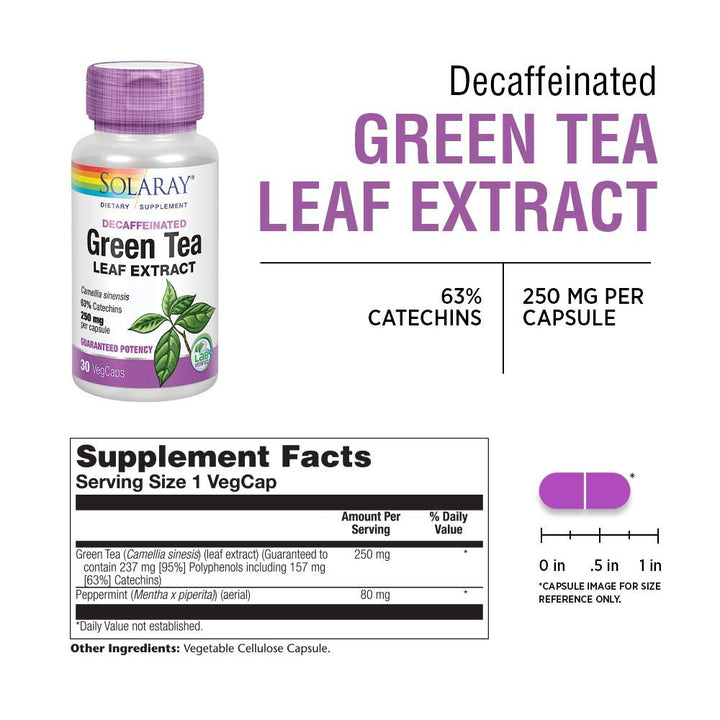 SOLARAY Green Tea Leaf Extract 250 mg | Healthy Energy, Antioxidant, Mood &amp; Mind Support | Decaffeinated | 30 VegCaps - Supplement Facts panel