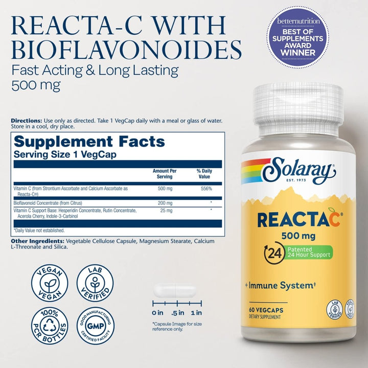 SOLARAY Reacta-C &amp; Bioflavonoids - Vitamin C with Enhanced Absorption - 60 Veg Capsules - Supplement Facts panel