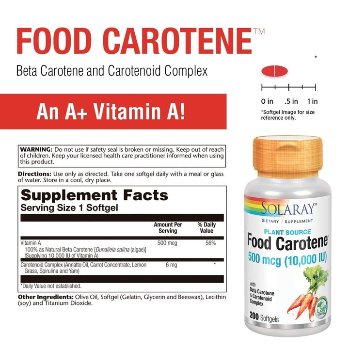 SOLARAY Food Carotene, Vitamin A 10000 IU |(200 CT)  04111 - Supplement Facts panel