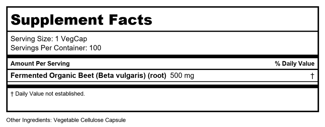 Solaray Organically Grown Fermented Beet Root Root Organic, Veg Cap (Btl-Plastic) 500mg 100ct - Supplement Facts panel