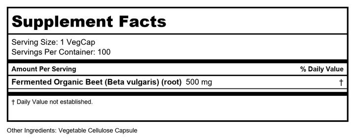Solaray Organically Grown Fermented Beet Root Root Organic, Veg Cap (Btl-Plastic) 500mg 100ct - Supplement Facts panel
