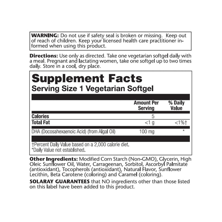 SOLARAY DHA Neuromins, Vegan Softgel (Btl-Plastic) 100mg 60ct - Supplement Facts panel