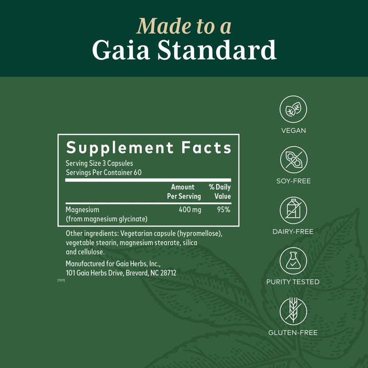 Gaia PRO Magnesium Glycinate 400 - Sleep Support &amp; Stress Relief - Support for Nervousness - with Magnesium - 180 Capsules (60 Servings) - Supplement Facts panel