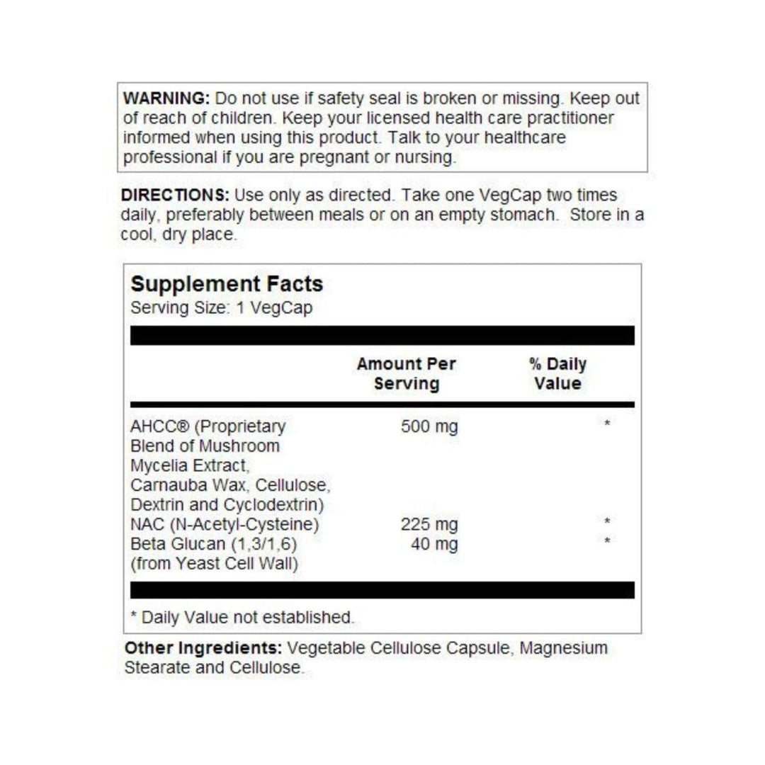 SOLARAY AHCC + NAC &amp; Beta Glucan, Veg Cap (Btl-Plastic) | 30ct - Supplement Facts panel