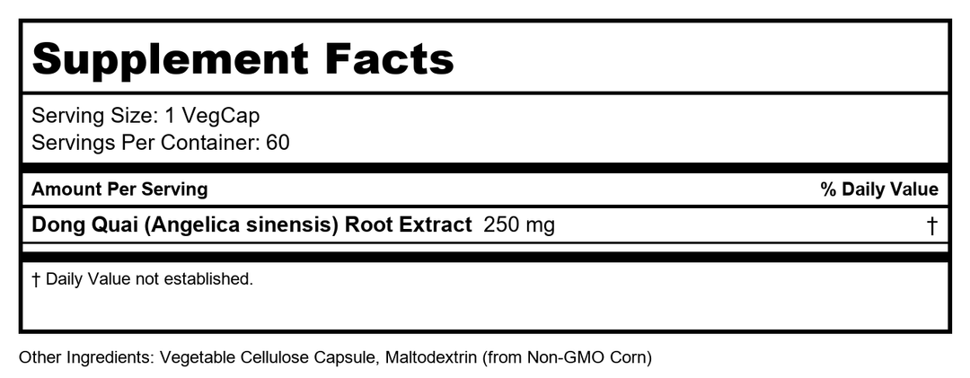 Solaray Dong Quai Root Extract - 60 Count - Supplement Facts panel