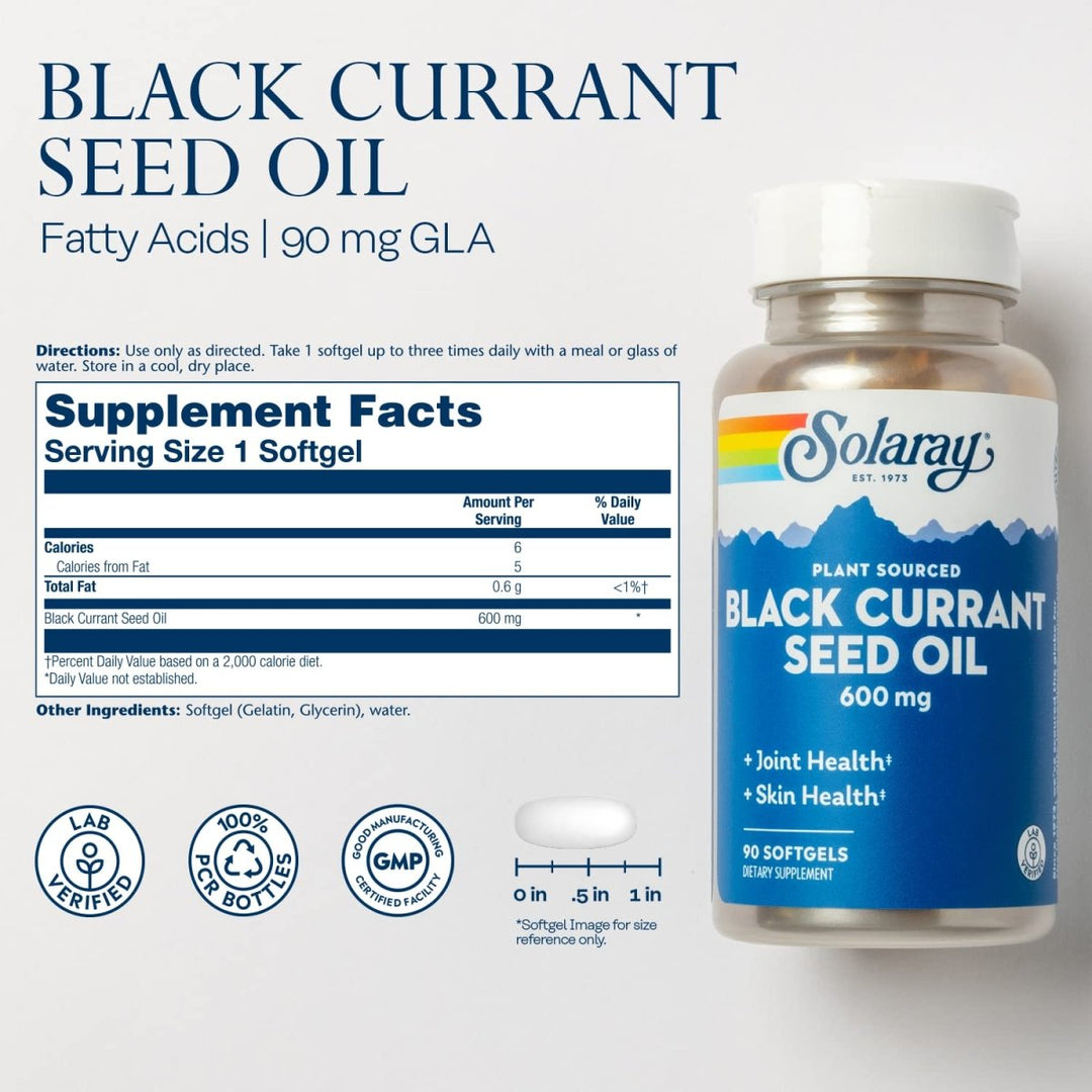 SOLARAY Black Currant Seed Oil 600 mg Gamma Linolenic Acid (GLA) Healthy Skin, Hair, Joints, Vascular &amp; Immune Function Support 90 Softgels - Supplement Facts panel