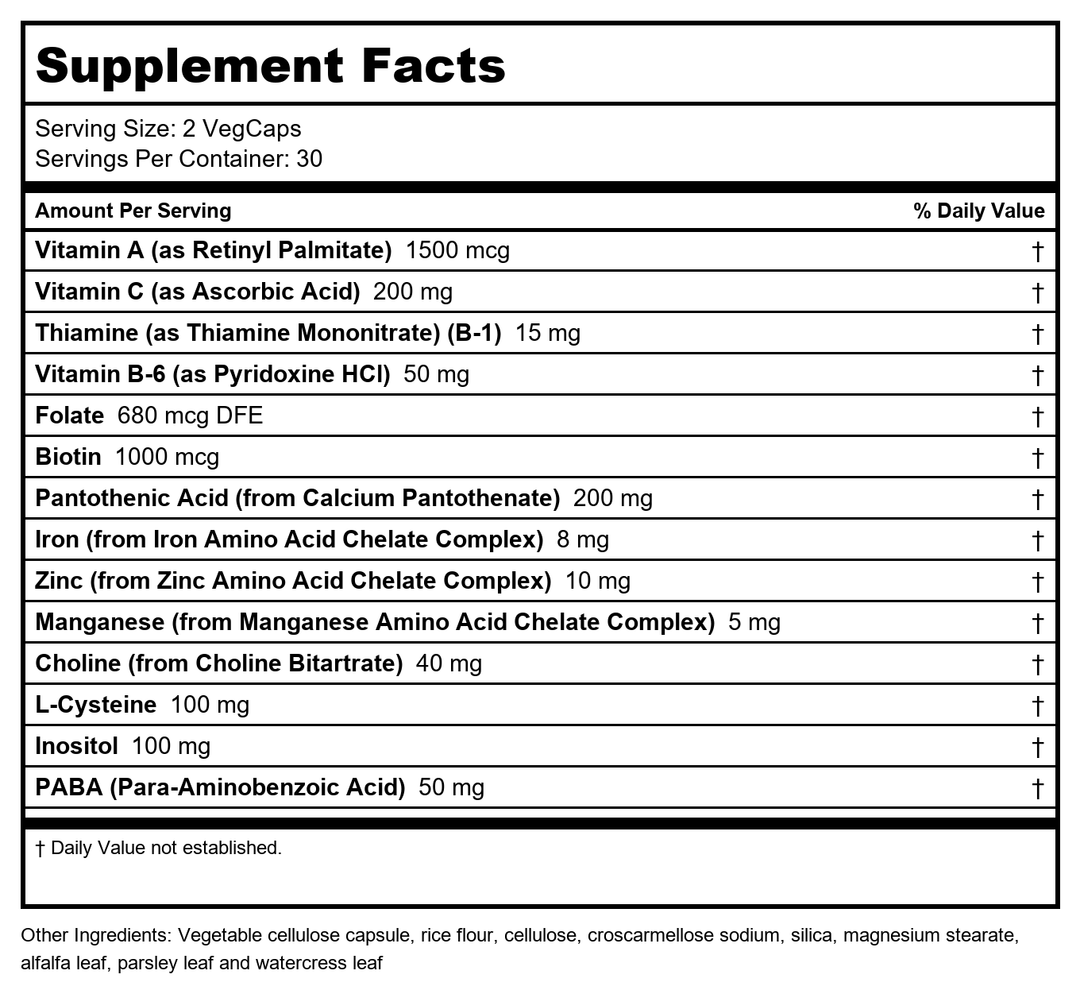 Solaray Hair Nutrients, Veg Cap (Btl-Plastic) | 60ct - Supplement Facts panel