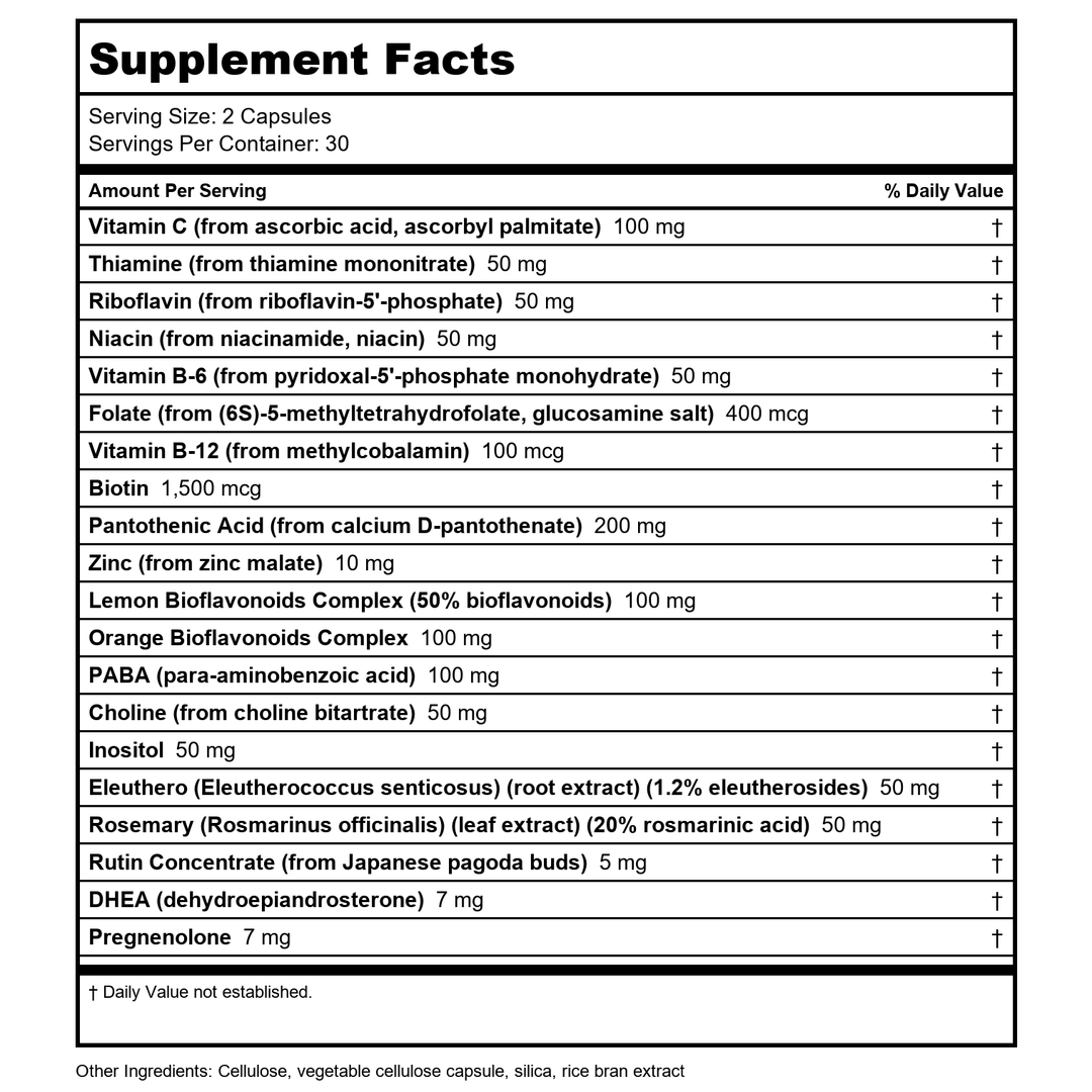Nutra BioGenesis - Adrenal Support Plus - Pregnenolone, DHEA, Herbs &amp; Micronutrients to Help Support Adrenal Function - 60 Capsules 10202 - Supplement Facts panel