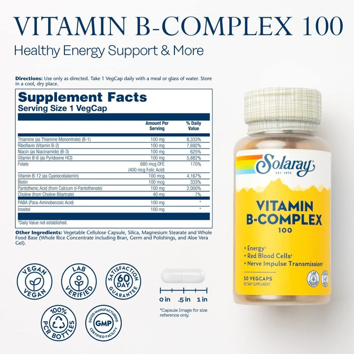 Solaray Vitamin B-Complex 100 mg - Healthy Energy, Blood Cell Formation &amp; Nerve Impulse Transmission Support - 100 VegCaps (50 Count) - Supplement Facts panel
