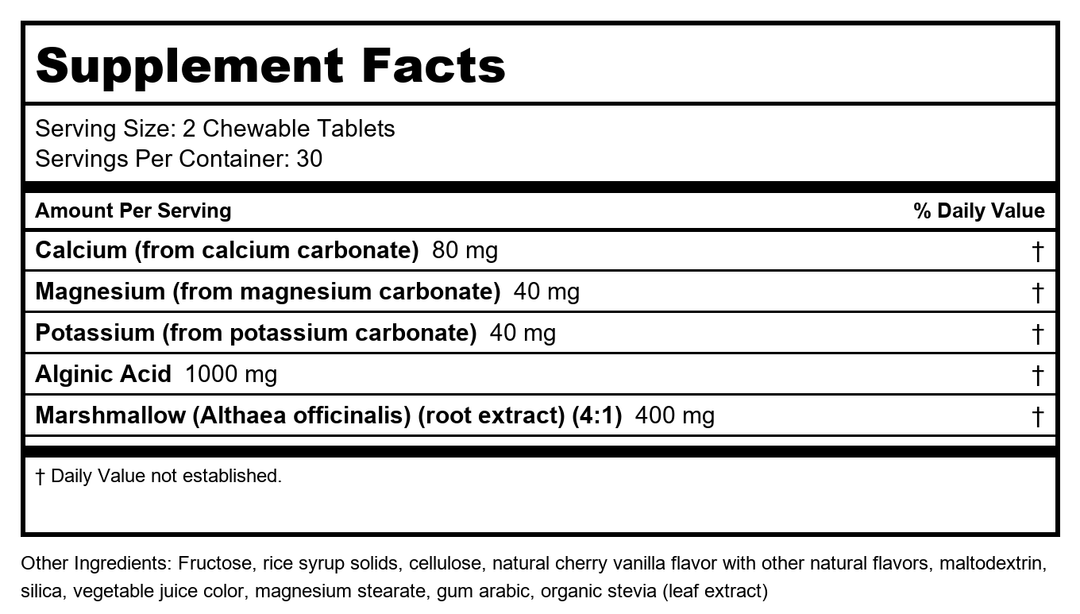 Nutra BioGenesis - EsophaSoothe Chewable Tablets - Cherry Vanilla Flavor, Gluten Free - 60 Chewable Tablets - Supplement Facts panel