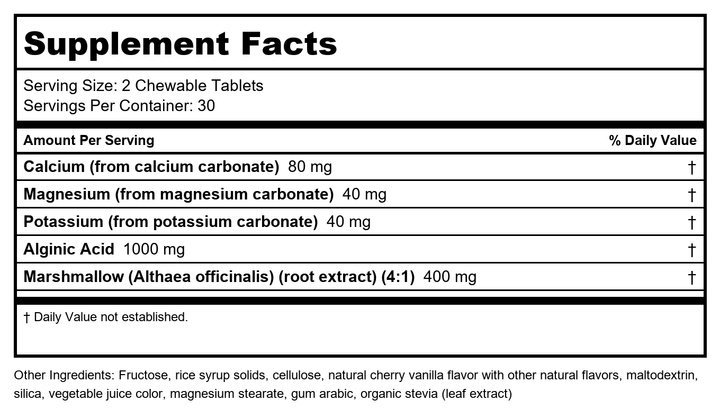 Nutra BioGenesis - EsophaSoothe Chewable Tablets - Cherry Vanilla Flavor, Gluten Free - 60 Chewable Tablets - Supplement Facts panel