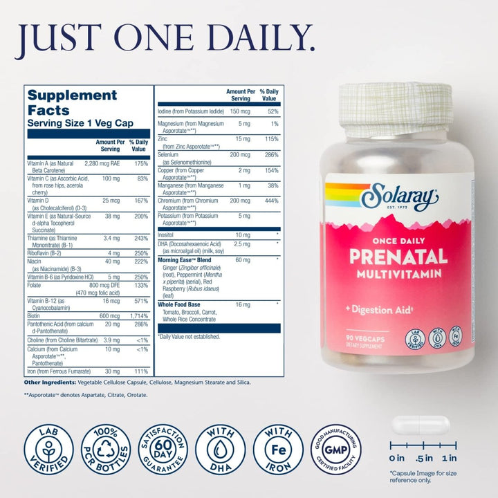 Solaray Once Daily Prenatal Multivitamin with Iron &amp; DHA -90 VegCaps  55827 - Supplement Facts panel