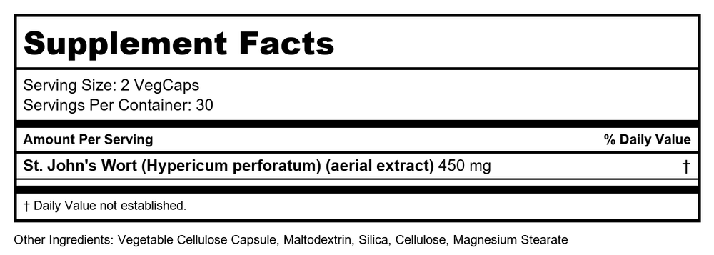Solaray Guaranteed Potency St. John's Wort Two Daily 450 mg Capsules, 60 Count - Supplement Facts panel