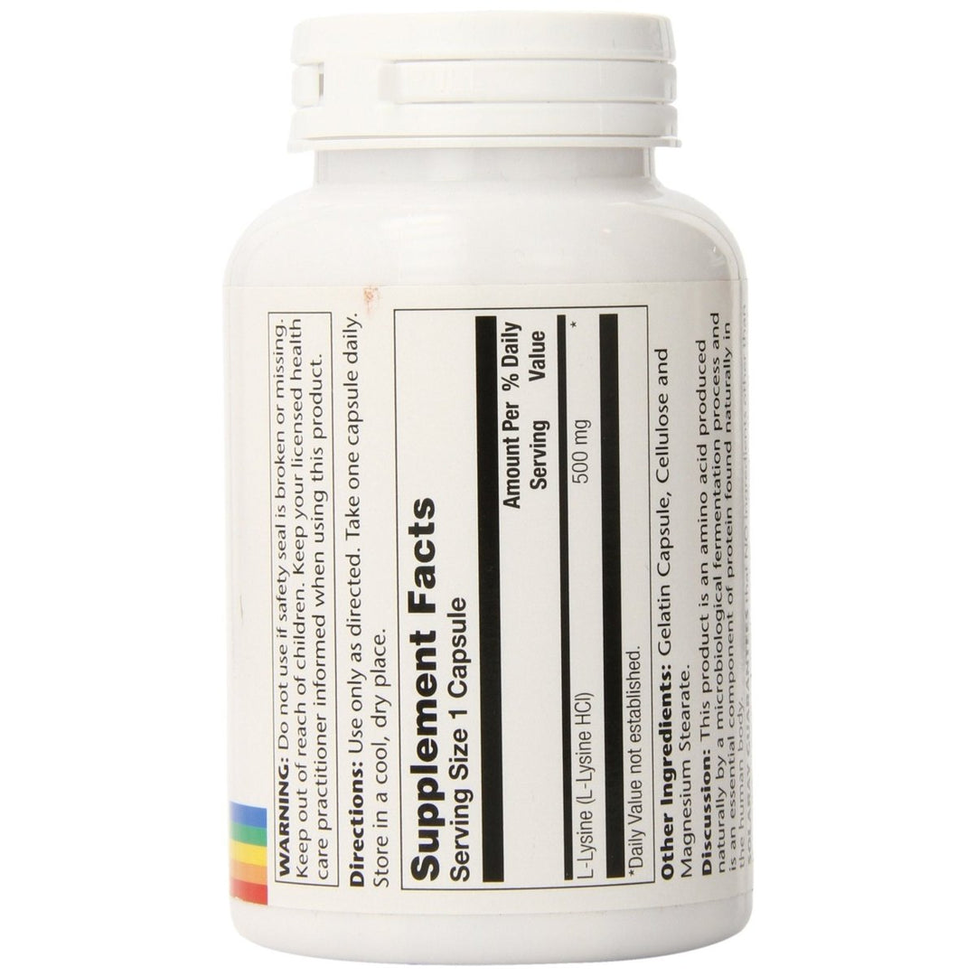 SOLARAY L-Lysine 500mg | Amino Acid | Healthy Cognitive, Immune System &amp; GI Function, Bones, Joints &amp; Skin Support | 120 VegCaps - Supplement Facts panel