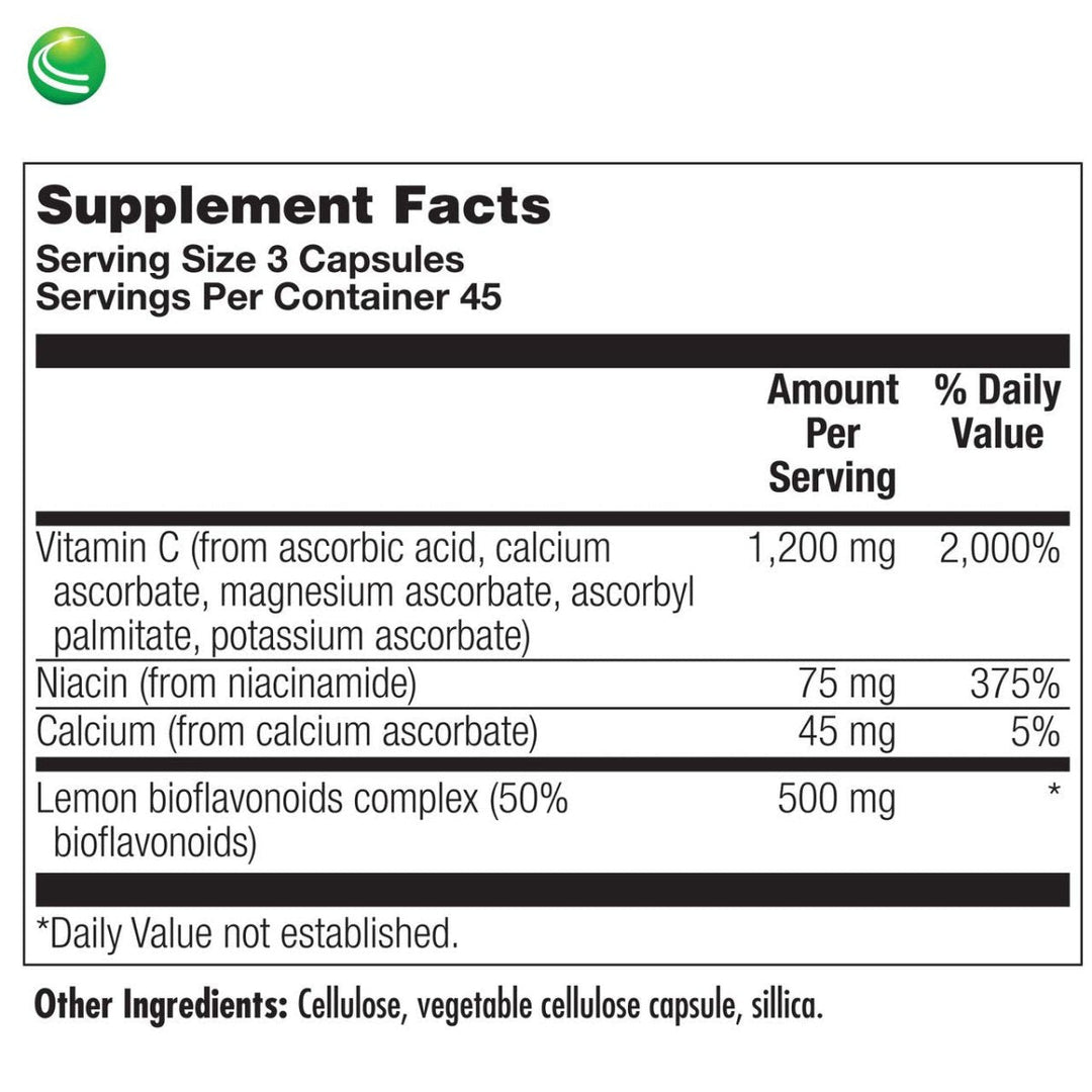 Nutra BioGenesis - BioPotent C - Vitamin C and Lemon Bioflavonoids for Immune, Musculoskeletal and Antioxidant Support - 135 Capsules - Supplement Facts panel