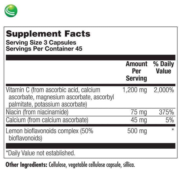 Nutra BioGenesis - BioPotent C - Vitamin C and Lemon Bioflavonoids for Immune, Musculoskeletal and Antioxidant Support - 135 Capsules - Supplement Facts panel
