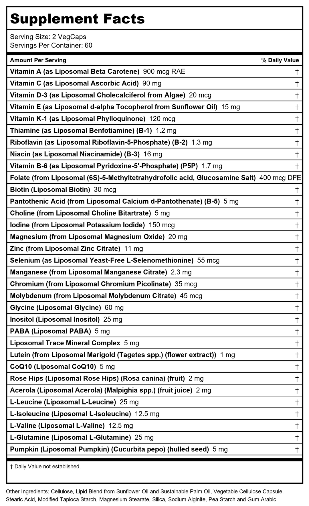 Solaray Liposomal Multivitamin for Women 50 Plus - Enhanced Nutrient Absorption for Holistic Wellness: - Supplement Facts panel