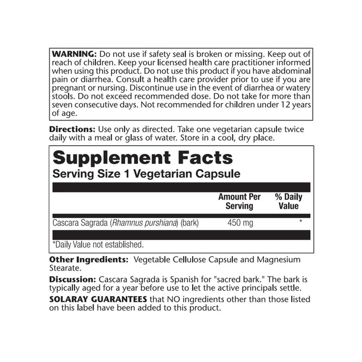 SOLARAY Cascara Sagrada Bark, Veg Cap (Btl-Plastic) 450mg 100ct - Supplement Facts panel