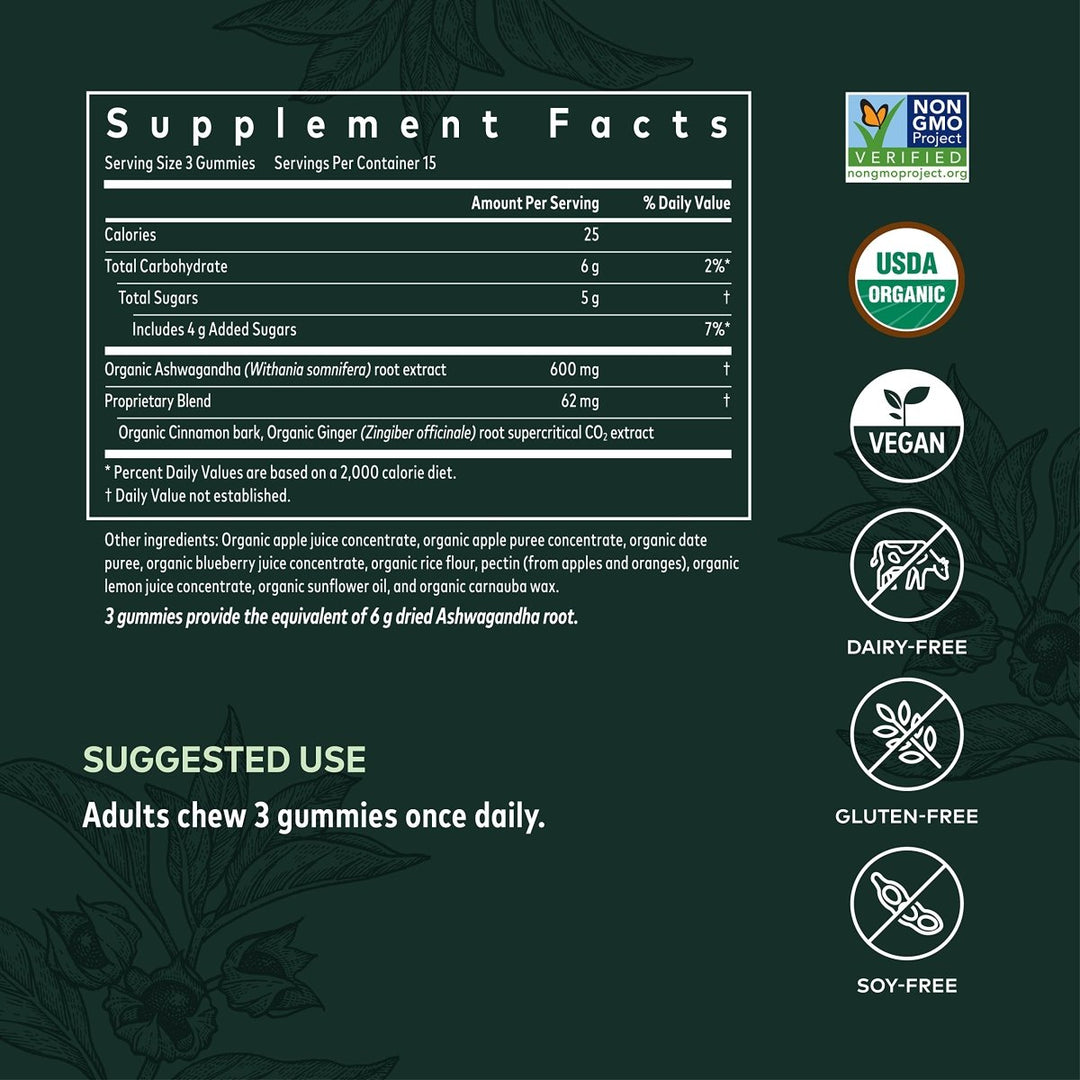 Gaia Herbs Organic Ashwagandha Gummies, Stress Support, Cinnamon, Ginger, Gluten Free, Vegan, 45 Count - Supplement Facts panel