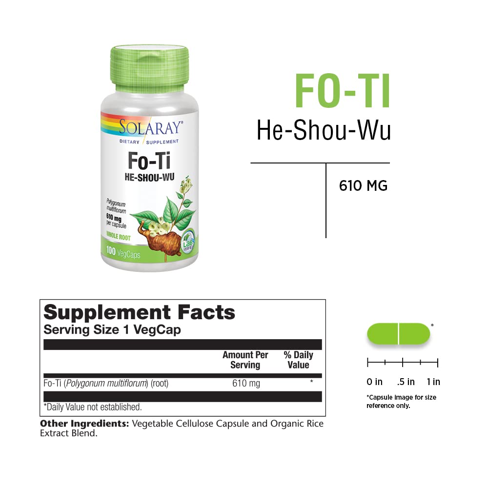 SOLARAY Fo-Ti 610 mg | Healthy Liver, Kidney, Hormone &amp; Longevity Support | Hair, Skin &amp; Nails | Vegan | 100 VegCaps - Supplement Facts panel