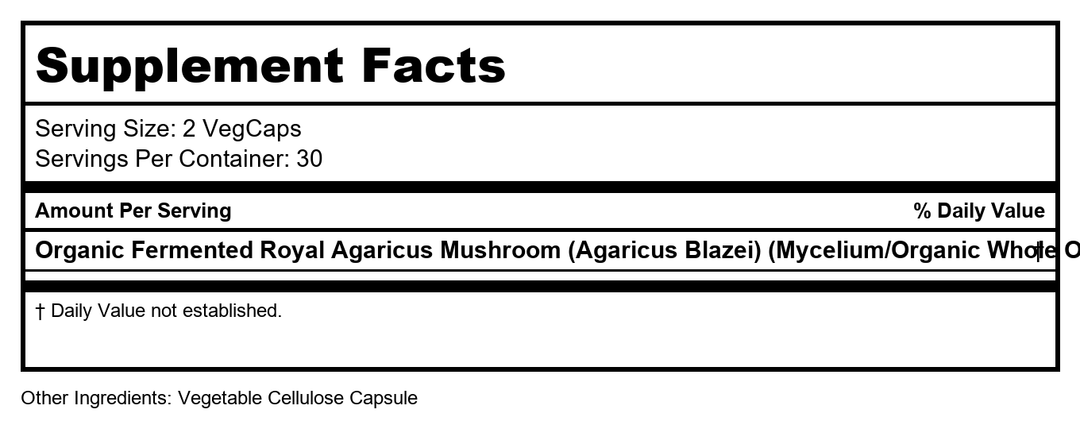 SOLARAY Fermented Royal Agaricus Mushroom 500 mg | 60 VegCaps - Supplement Facts panel