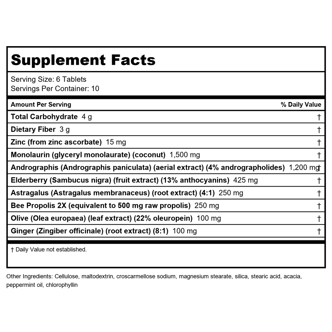Nutra BioGenesis - CompliVir - Monolaurin, Zinc, Propolis Blend - Gluten Free - 60 Tablets - Supplement Facts panel