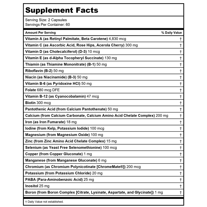 SOLARAY Multi Energy Two Daily, Capsule (Btl-Plastic) 120ct - Supplement Facts panel