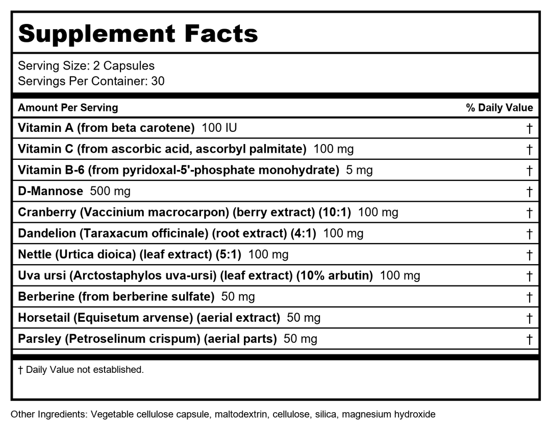 Nutra BioGenesis - UT Max Protect - Cranberry Extract, D-Mannose, Uva Ursi and Vitamin A for Urinary Tract Support, Kidney Health, and Bladder Comfort - Gluten Free, Vegan, Non-GMO - 60 Capsules - Supplement Facts panel