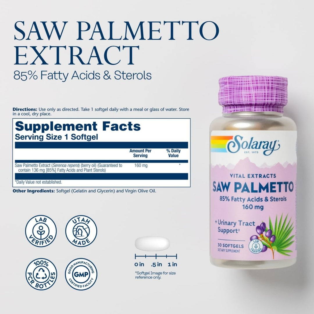 SOLARAY Saw Palmetto Extract - Prostate Health and Urinary Tract Support - 136 mg Fatty Acids and Sterols - Lab Verified, 60-Day Money-Back Guarantee (30 Servings, 30 Softgels) - Supplement Facts panel
