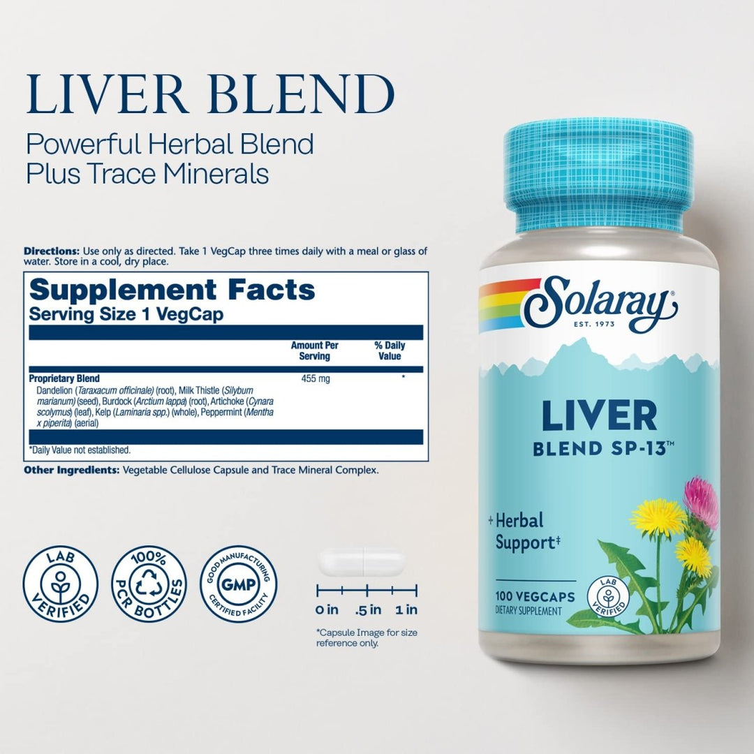 Solaray Liver Blend SP-13, Traditional Liver Cleanse Detox &amp; Repair Support with Milk Thistle, Dandelion, Burdock, Artichoke Leaf, Kelp, Peppermint, and Trace Minerals, 100 Servings, 100 VegCaps - Supplement Facts panel