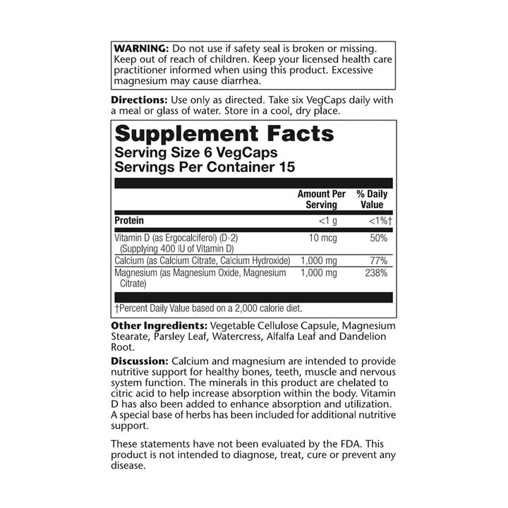 Solaray Cal-Mag Citrate w/D 2 1:1 | 90 VegCaps - Supplement Facts panel