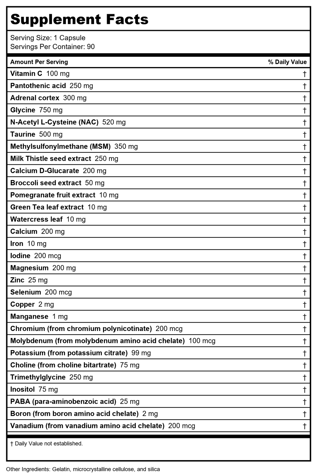 Nutra Biogenesis Bioadreno, 90 Capsules  10205 - Supplement Facts panel