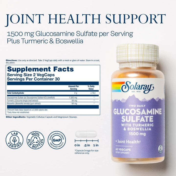 SOLARAY Glucosamine Sulfate 1500mg - 60 VegCaps - Supplement Facts panel