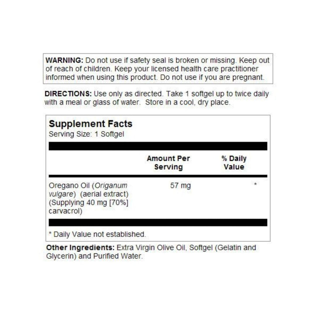 SOLARAY Oregano Oil 70% Carvacrol - 60 Capsules - Supplement Facts panel