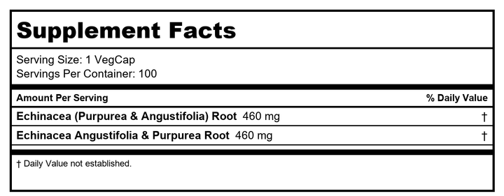SOLARAY Echinacea Angustifolia &amp; Purpurea Root, Veg Cap (Btl-Plastic) 460mg | 100ct - Supplement Facts panel