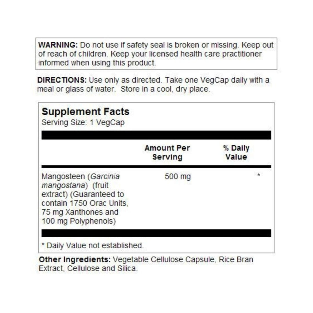 Solaray Guaranteed Potency Mangosteen Peel Extract - Support for Overall Wellness - 60 Veg Caps - Supplement Facts panel
